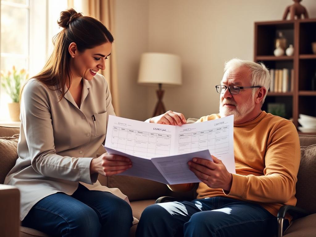 A support professional and an individual sharing a moment in a comfortable home setting